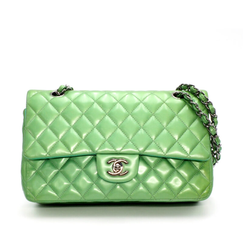Chanel 17599337 Green/ Turqoise Patent Leather 25cm Classic Medium Double Flap Silver Hardware