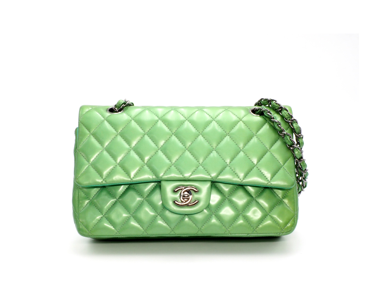 Chanel 17599337 Green/ Turqoise Patent Leather 25cm Classic Medium Double Flap Silver Hardware
