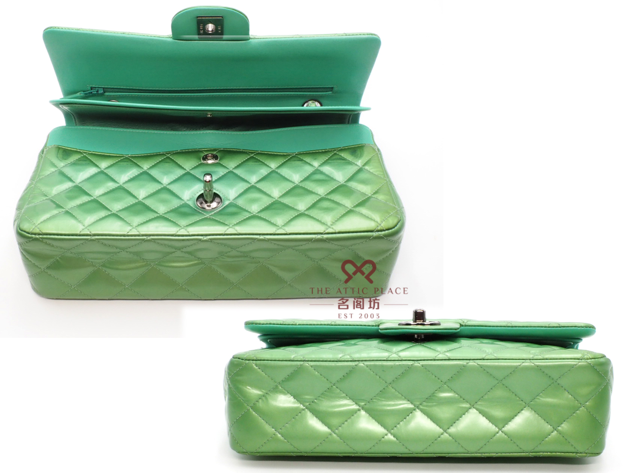 Chanel 17599337 Green/ Turqoise Patent Leather 25cm Classic Medium Double Flap Silver Hardware - Image 4