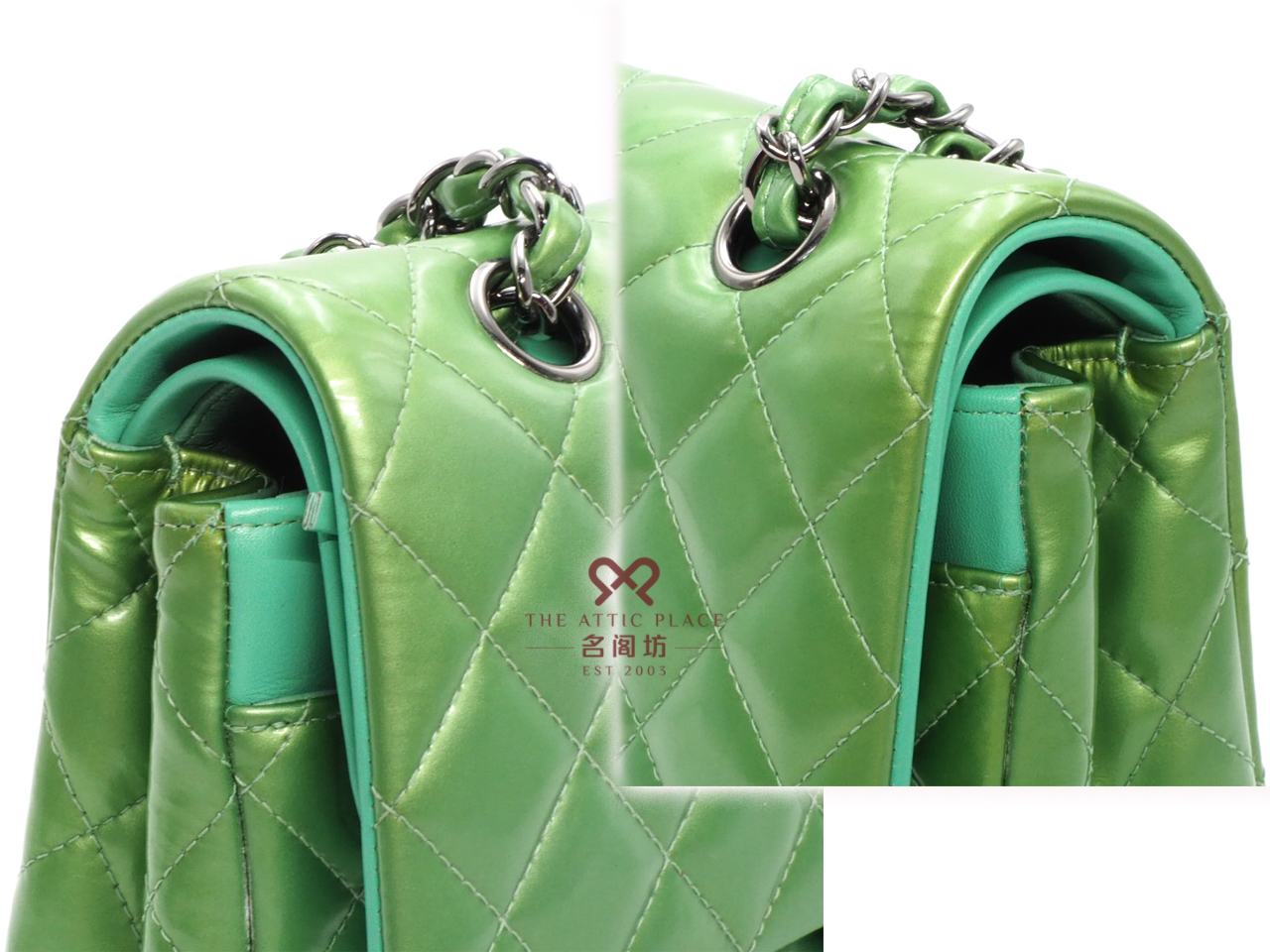 Chanel 17599337 Green/ Turqoise Patent Leather 25cm Classic Medium Double Flap Silver Hardware - Image 5