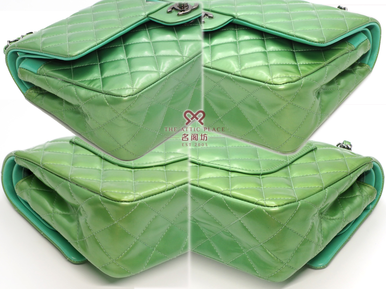 Chanel 17599337 Green/ Turqoise Patent Leather 25cm Classic Medium Double Flap Silver Hardware - Image 6