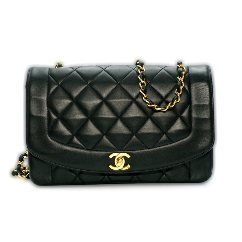 Chanel 3423784 Vintage 25cm Black Quilted Lambskin Diana Flap Bag Gold Hardware