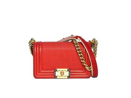 Chanel 18896344 Coral Red 12A Lambskin Boy Flap Bag Cube Embossed Mini 20cm Gold Hardware