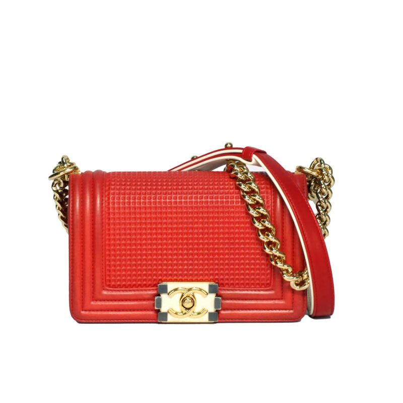 Chanel 18896344 Coral Red 12A Lambskin Boy Flap Bag Cube Embossed Mini 20cm Gold Hardware