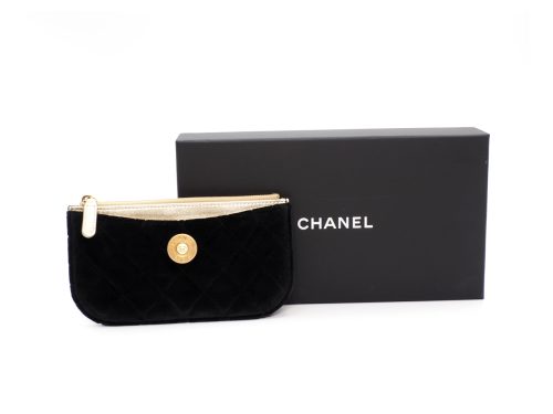 Chanel 23703105 Black Small CC Velvet/ Velour Peal Quilted Ocase Zip Pouch