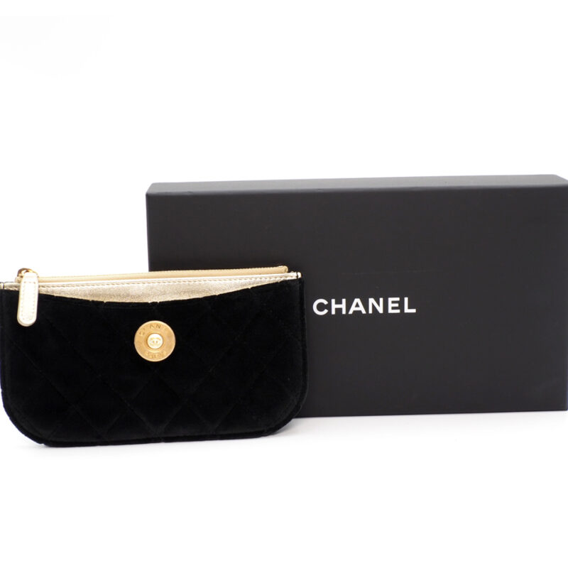 Chanel 23703105 Black Small CC Velvet/ Velour Peal Quilted Ocase Zip Pouch
