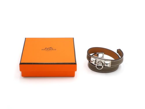 Hermes Etoupe Bracelet Mini Rivale Double Tour Collier De Chien Silver Hardware - Size XS T1