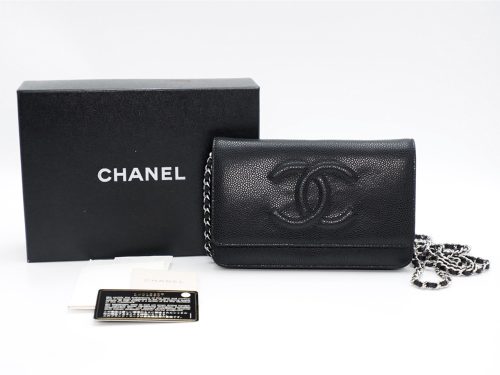 CHANEL 14619307 Black Caviar Leather Wallet on Chain Silver Hardware