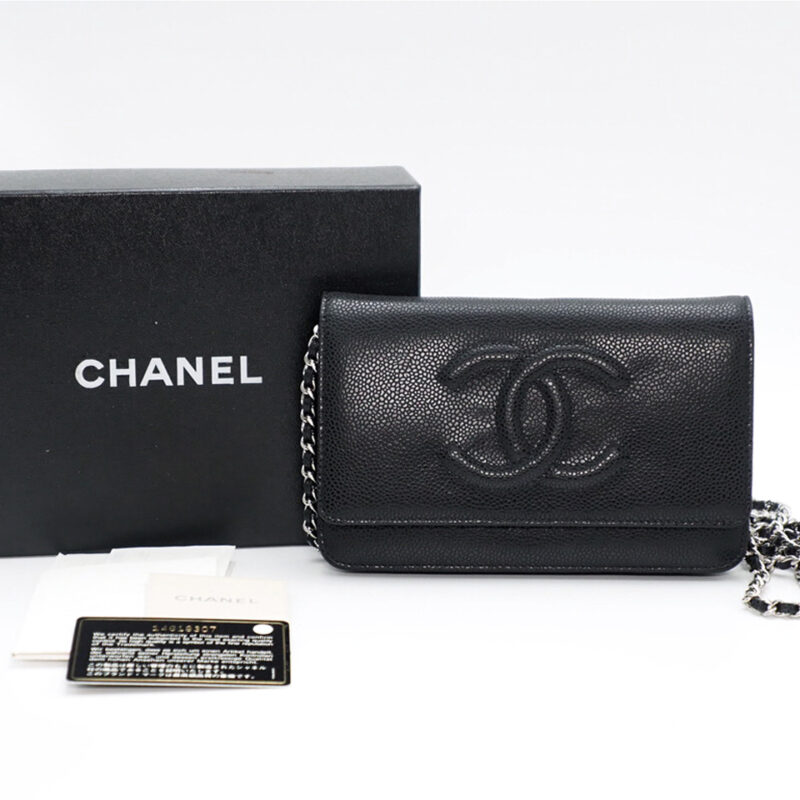 CHANEL 14619307 Black Caviar Leather Wallet on Chain Silver Hardware