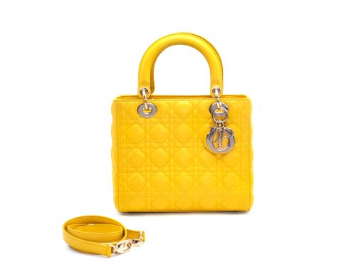 Dior Lady Dior Signature Classic Medium Yellow Lambskin Zip-Top Gold Hardware
