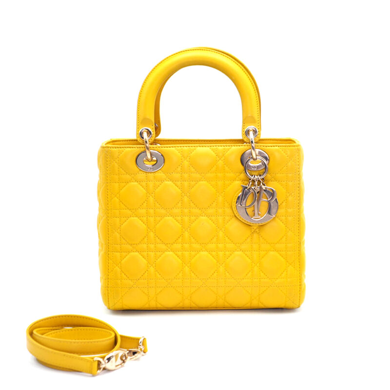 Dior Lady Dior Signature Classic Medium Yellow Lambskin Zip-Top Gold Hardware