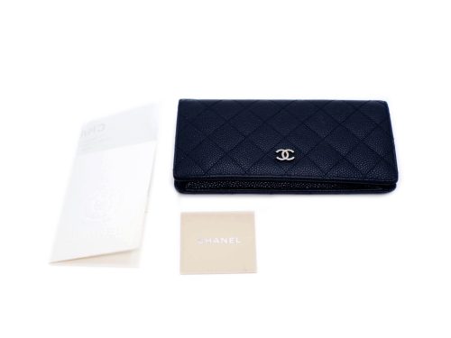 Chanel 13888863 Black Caviar Quilted Timeless 2.55 Classic Flap Long Wallet- Silver Hardware