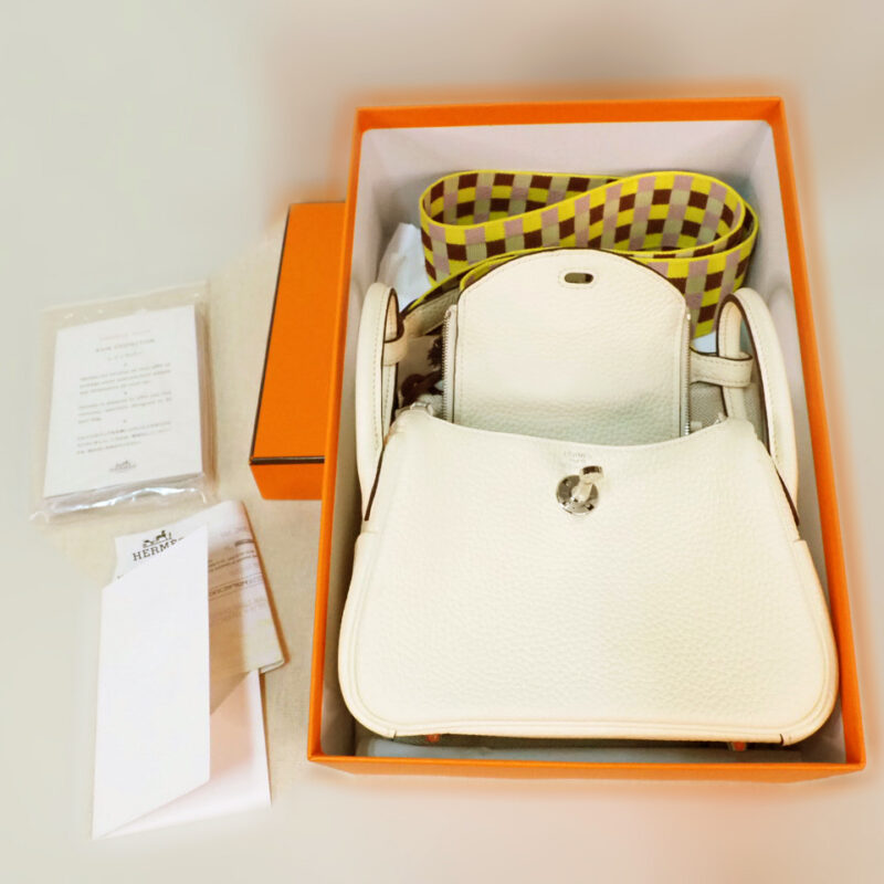 Hermes Clemence/ Sangle Mini Lindy Nata color, Maxi Quadrille Lime/Mauve sylvestre Palladium Hardware U Stamp Palladium Hardware