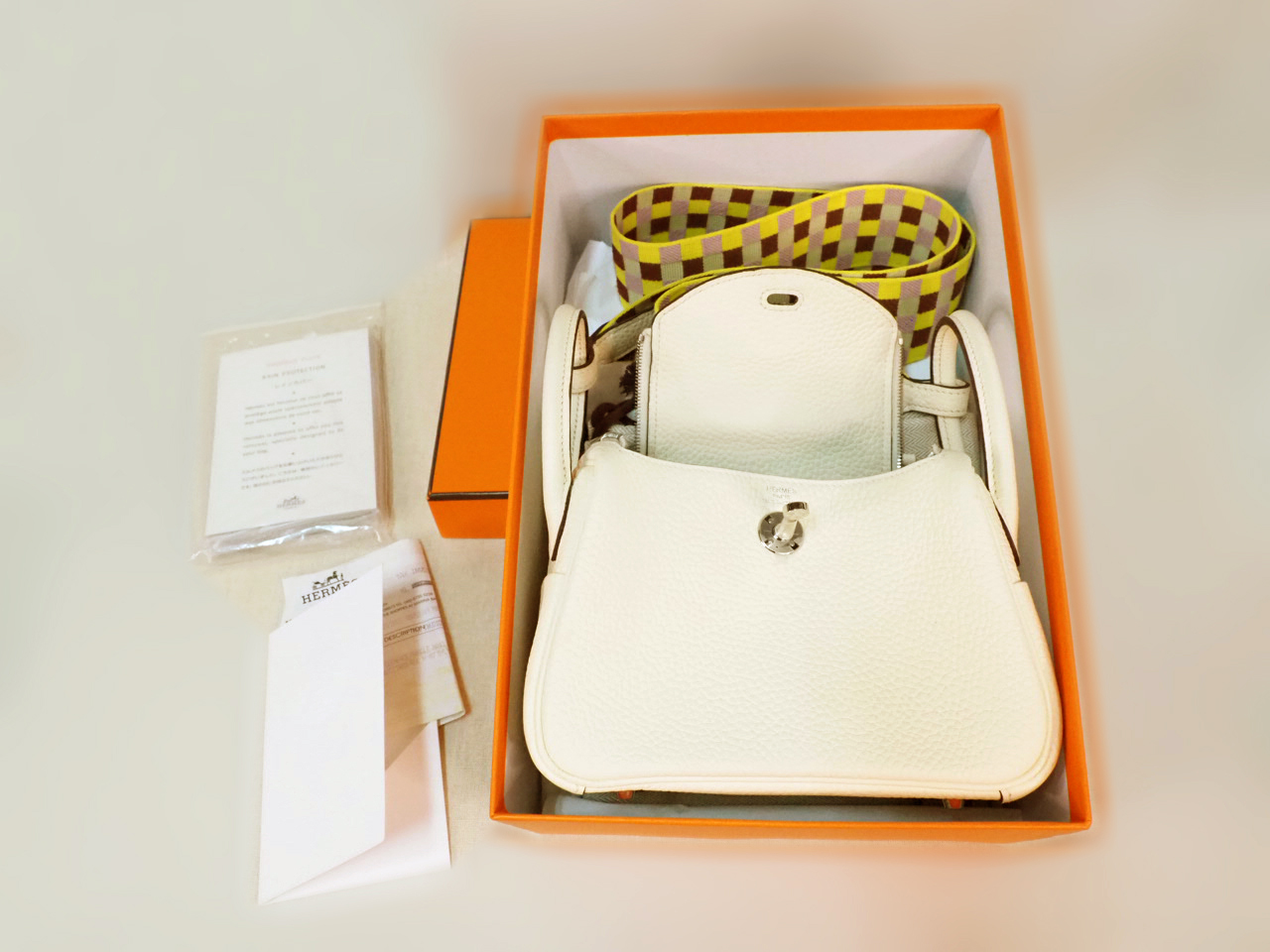 Hermes Clemence/ Sangle Mini Lindy Nata color, Maxi Quadrille Lime/Mauve sylvestre Palladium Hardware U Stamp Palladium Hardware