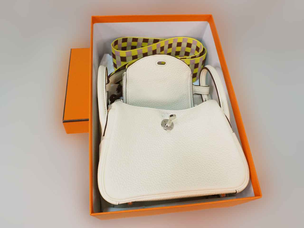 Hermes Clemence/ Sangle Mini Lindy Nata color, Maxi Quadrille Lime/Mauve sylvestre Palladium Hardware U Stamp Palladium Hardware - Image 3