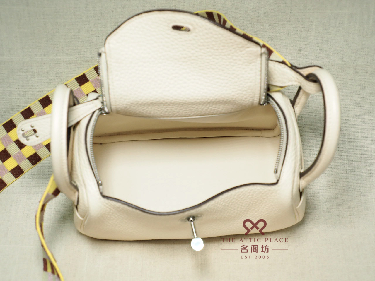 Hermes Clemence/ Sangle Mini Lindy Nata color, Maxi Quadrille Lime/Mauve sylvestre Palladium Hardware U Stamp Palladium Hardware - Image 8