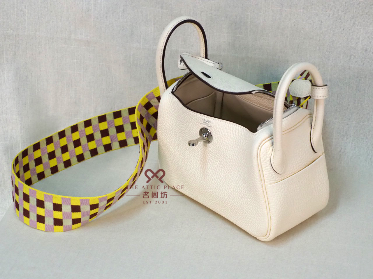 Hermes Clemence/ Sangle Mini Lindy Nata color, Maxi Quadrille Lime/Mauve sylvestre Palladium Hardware U Stamp Palladium Hardware - Image 6