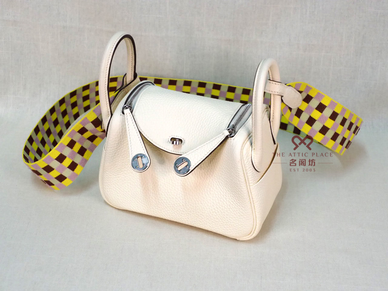 Hermes Clemence/ Sangle Mini Lindy Nata color, Maxi Quadrille Lime/Mauve sylvestre Palladium Hardware U Stamp Palladium Hardware - Image 5