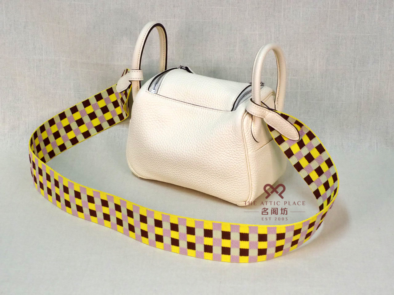 Hermes Clemence/ Sangle Mini Lindy Nata color, Maxi Quadrille Lime/Mauve sylvestre Palladium Hardware U Stamp Palladium Hardware - Image 7
