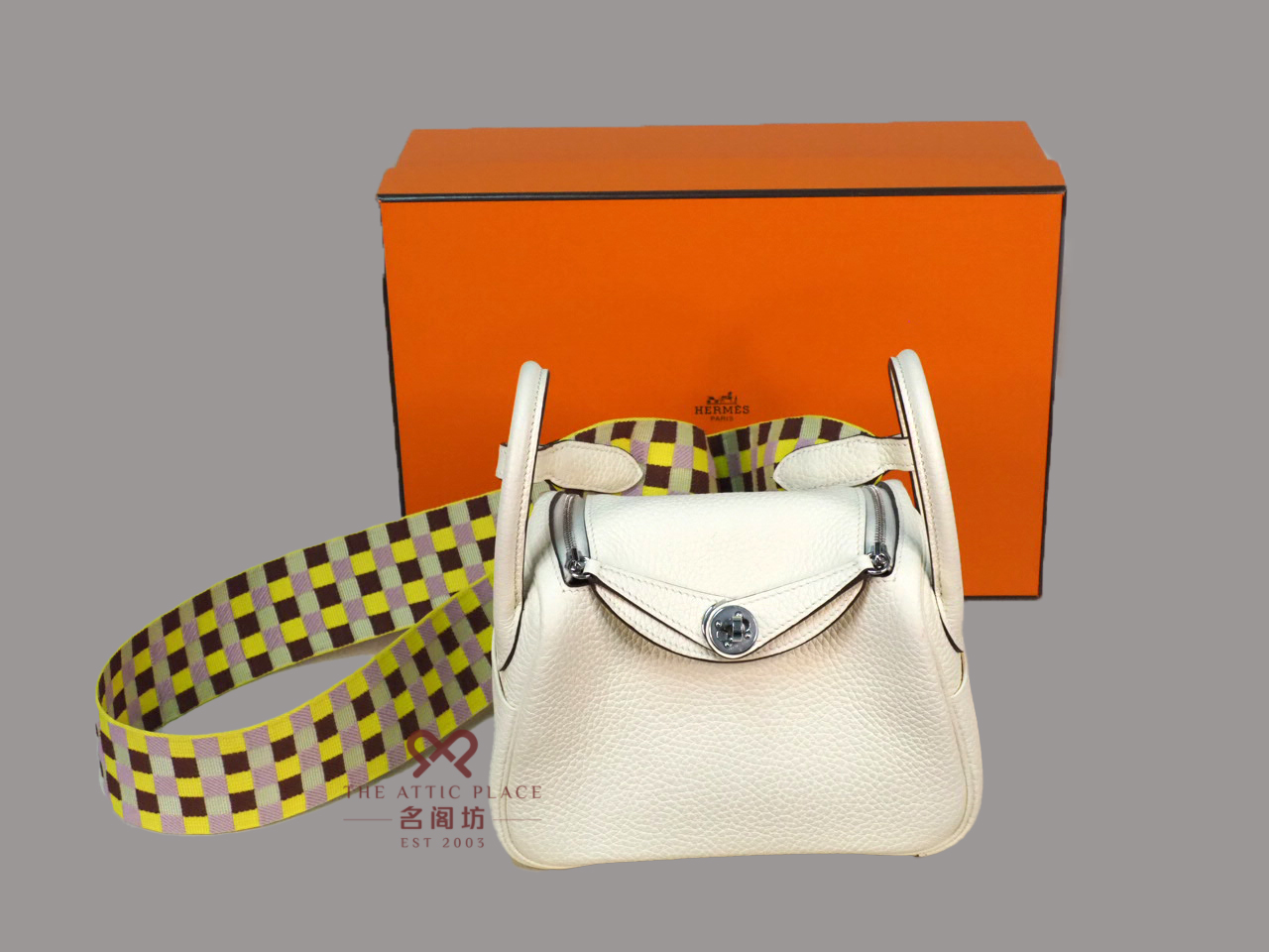 Hermes Clemence/ Sangle Mini Lindy Nata color, Maxi Quadrille Lime/Mauve sylvestre Palladium Hardware U Stamp Palladium Hardware - Image 4