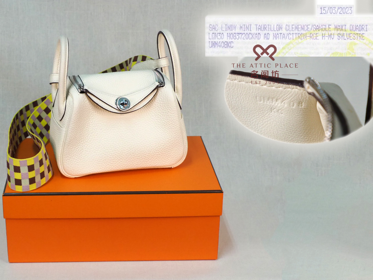Hermes Clemence/ Sangle Mini Lindy Nata color, Maxi Quadrille Lime/Mauve sylvestre Palladium Hardware U Stamp Palladium Hardware - Image 2