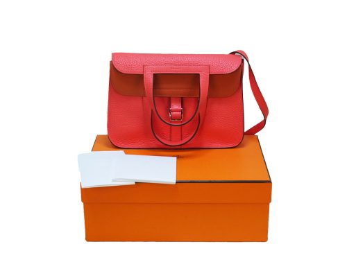 Hermes Mini Halzan 25 U Stamp Clemence Bicolor Rose Texas/ Terre Battue Bag