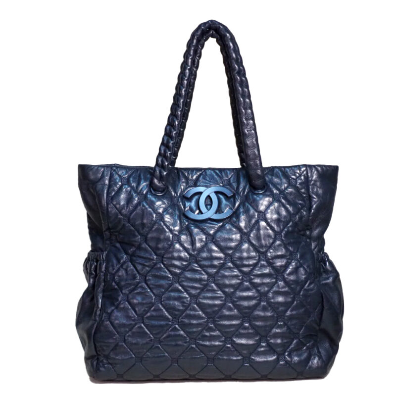 Chanel 12207388 Navy Blue Matelasse Calfskin Coco Mark Hidden Chain Large Tote Bag