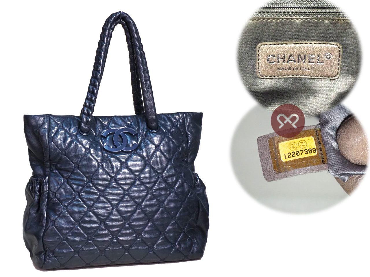 Chanel 12207388 Navy Blue Matelasse Calfskin Coco Mark Hidden Chain Large Tote Bag - Image 2