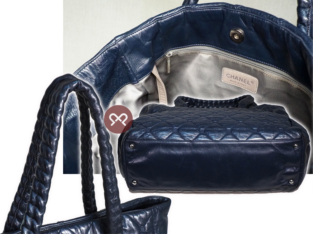 Chanel 12207388 Navy Blue Matelasse Calfskin Coco Mark Hidden Chain Large Tote Bag - Image 4