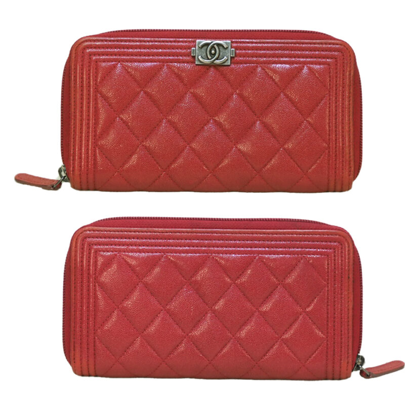 Chanel 26632177 Red Caviar Leather Boy Zip Around Long Wallet Ruthenium Hardware