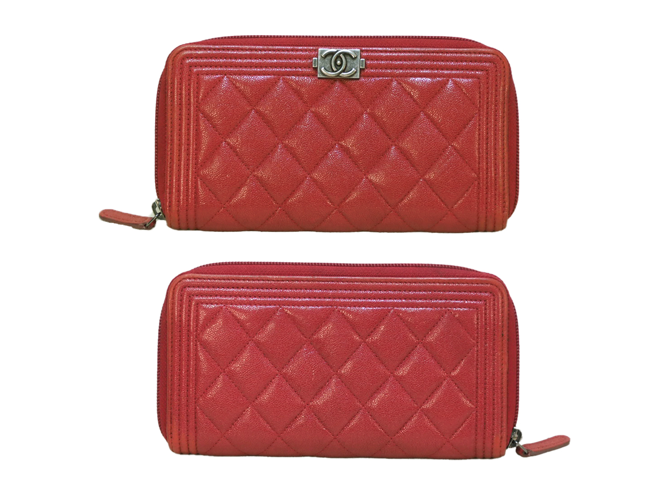 Chanel 26632177 Red Caviar Leather Boy Zip Around Long Wallet Ruthenium Hardware
