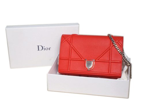 Dior Red Grained Leather Diorama Wallet On Chain WOC Silver Hardware
