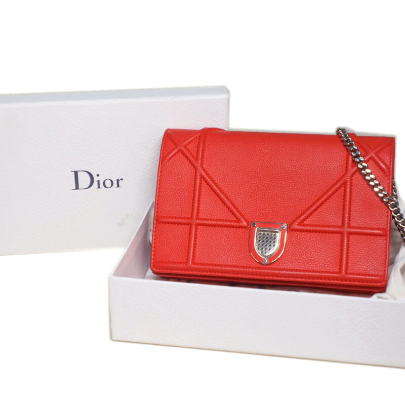Dior Red Grained Leather Diorama Wallet On Chain WOC Silver Hardware