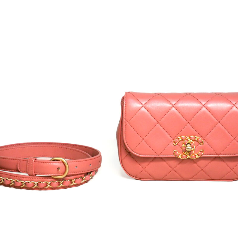 ALMOST NEW ! Chanel 28496790 Coral Pink Quilted Calfskin Chain Infinity Waist Belt Bag