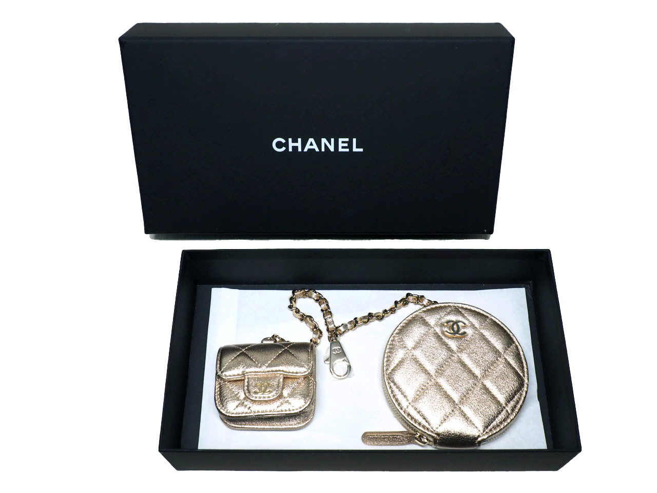 BRAND NEW ! Chanel 2024 VIP Metallic Gold Quilted Novelty Round Coin Pouch & AirPods Case