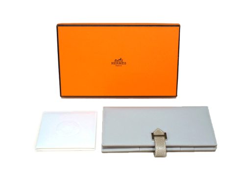 BRAND NEW ! Hermes Grey / Taupe Lizard Bearn Wallet X Stamp Palladium Hardware