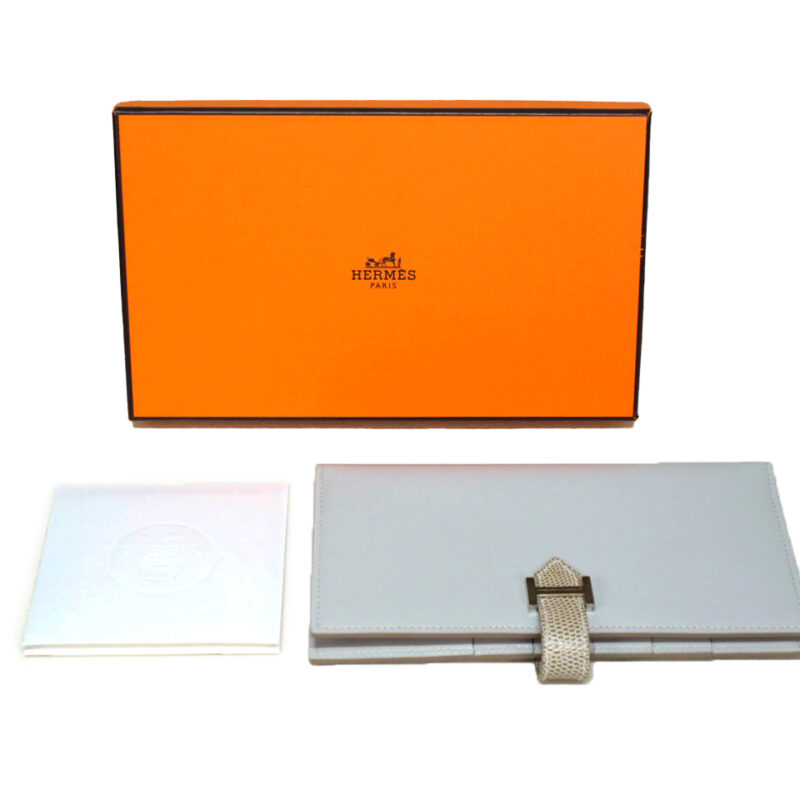 BRAND NEW ! Hermes Grey / Taupe Lizard Bearn Wallet X Stamp Palladium Hardware