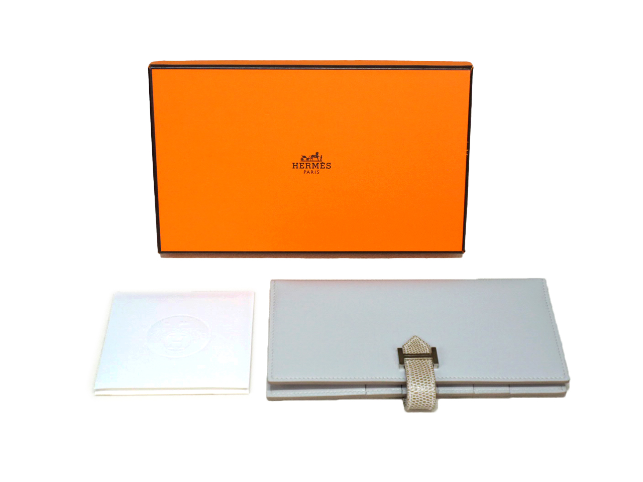 BRAND NEW ! Hermes Grey / Taupe Lizard Bearn Wallet X Stamp Palladium Hardware