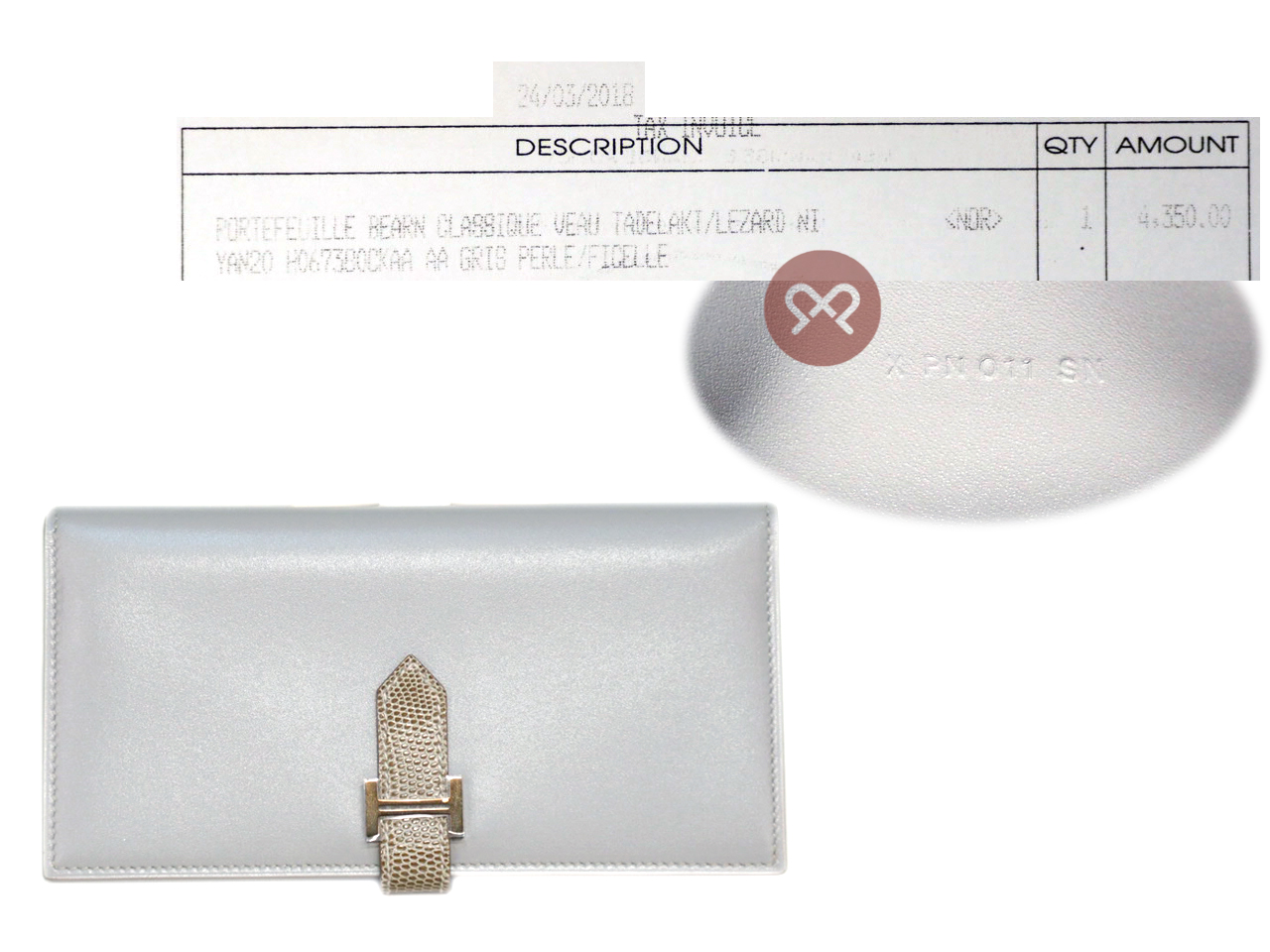 BRAND NEW ! Hermes Grey / Taupe Lizard Bearn Wallet X Stamp Palladium Hardware - Image 2