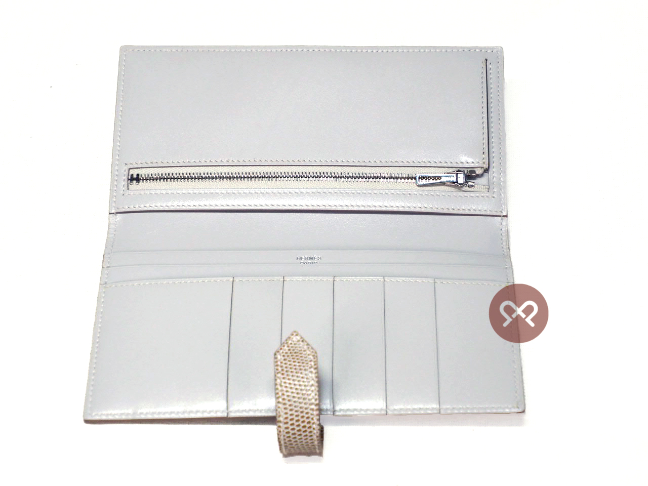 BRAND NEW ! Hermes Grey / Taupe Lizard Bearn Wallet X Stamp Palladium Hardware - Image 4