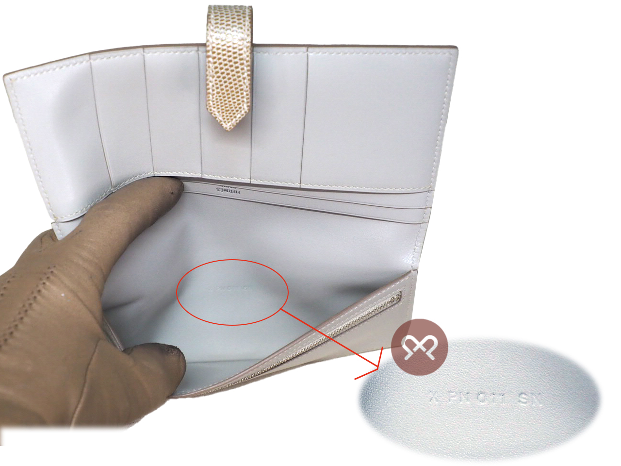 BRAND NEW ! Hermes Grey / Taupe Lizard Bearn Wallet X Stamp Palladium Hardware - Image 7