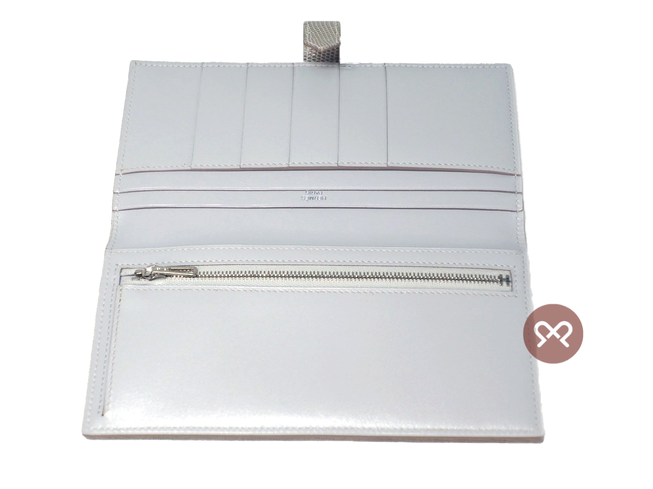 BRAND NEW ! Hermes Grey / Taupe Lizard Bearn Wallet X Stamp Palladium Hardware - Image 5