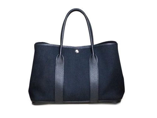 HERMES Navy Blue/ Black Leather Trim 36cm O Stamp Garden party Canvas Toile Tote Bag