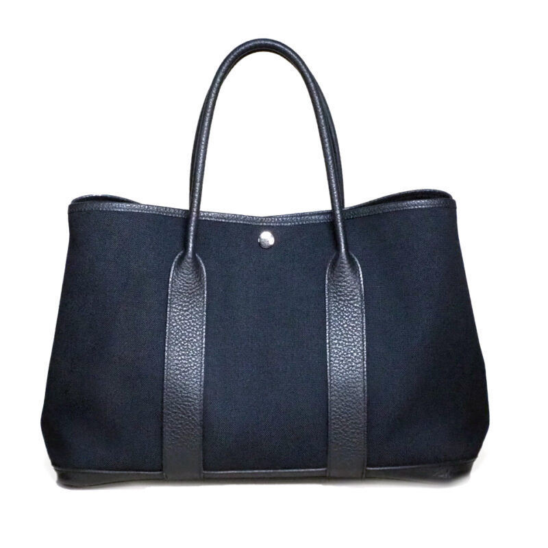 HERMES Navy Blue/ Black Leather Trim 36cm O Stamp Garden party Canvas Toile Tote Bag