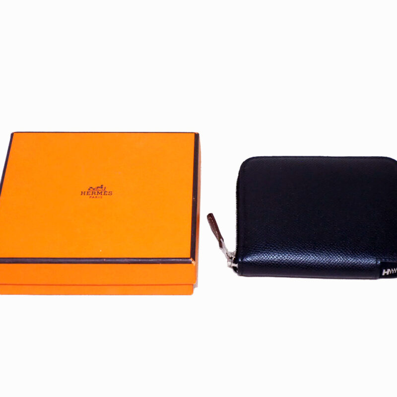 Hermes Black Silk In Compact Wallet A Stamp in Epsom Leather