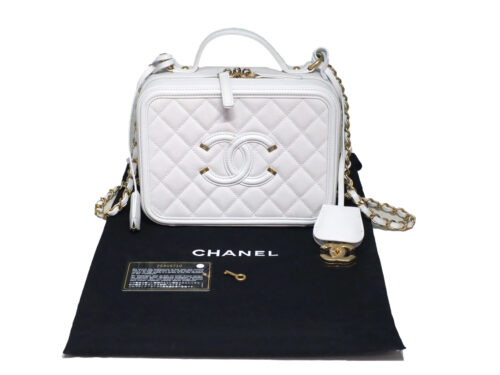 Chanel 25809710 White Top Handle Medium Caviar Filigree Vanity Case Gold Hardware