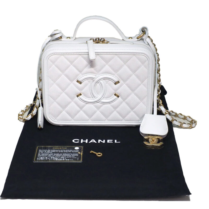 Chanel 25809710 White Top Handle Medium Caviar Filigree Vanity Case Gold Hardware