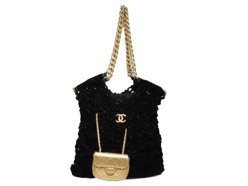 CHANEL NP3X6PGG Black Braided Velvet Gold Metallic Lambskin Precious Net Tote