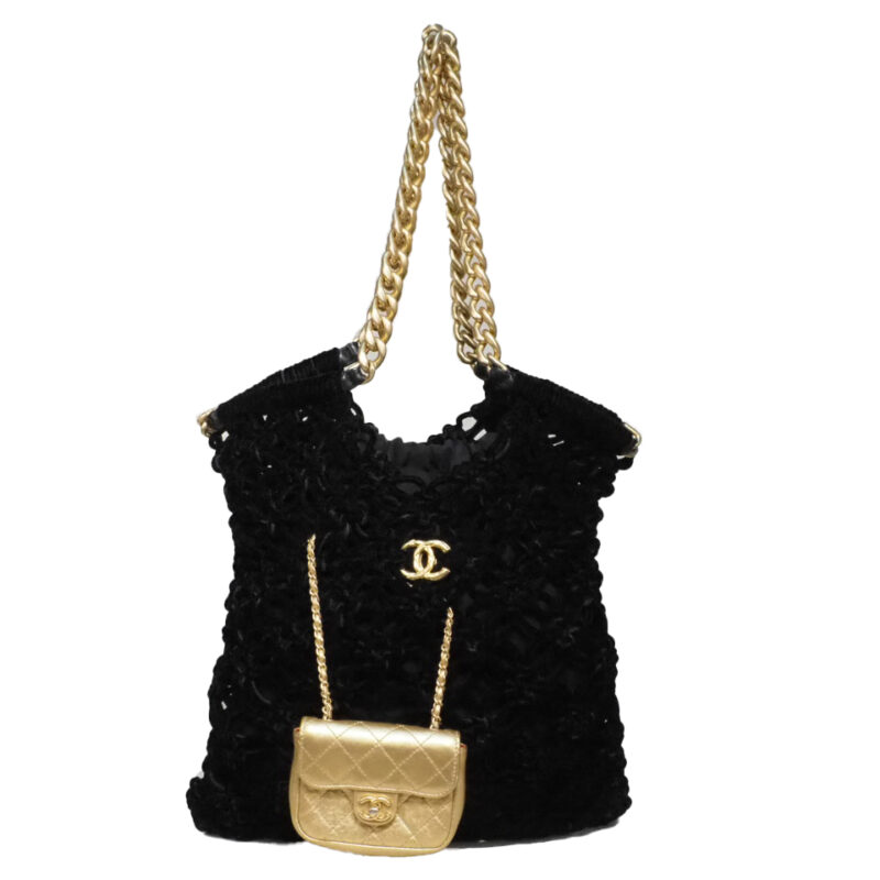 CHANEL NP3X6PGG Black Braided Velvet Gold Metallic Lambskin Precious Net Tote