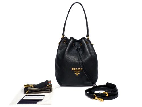 Prada 1BE018 Black Deerskin Leather Drawstring 2-Way Shoulder/ Crossbody Bag
